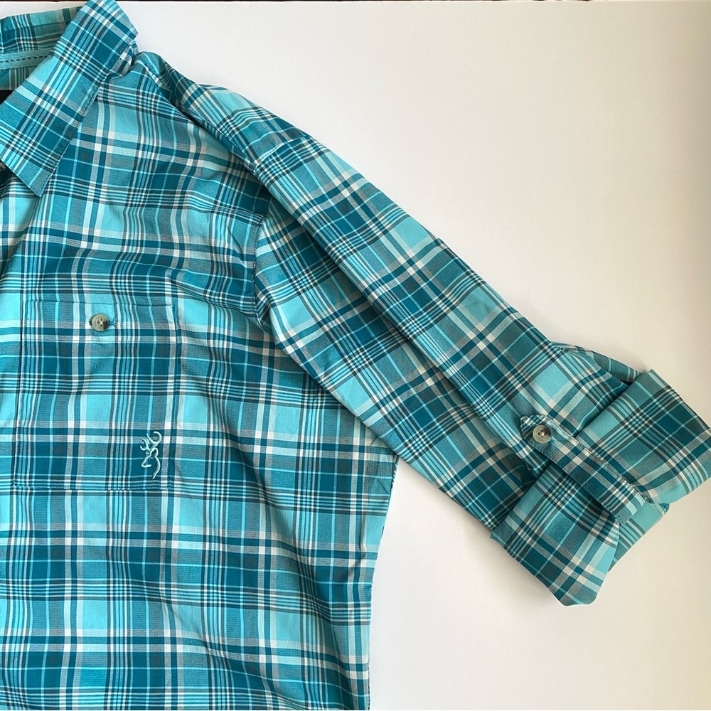 Browning Women’s Plaid Fishing Shirt Teal Blue Button Front Roll-Tab Sleeve XL